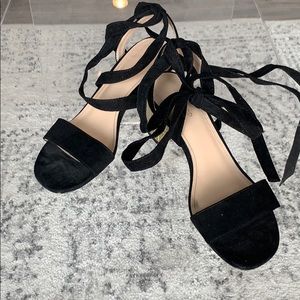 Topshop Black Suede Sandals with Gold Block Heels